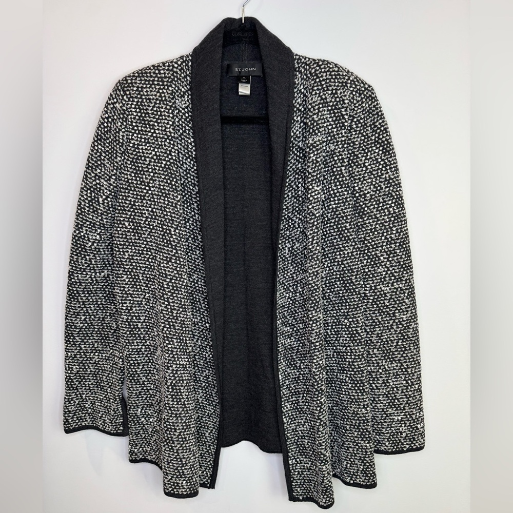 St. John Black White wool blend knit Cardigan size 10 made in USA